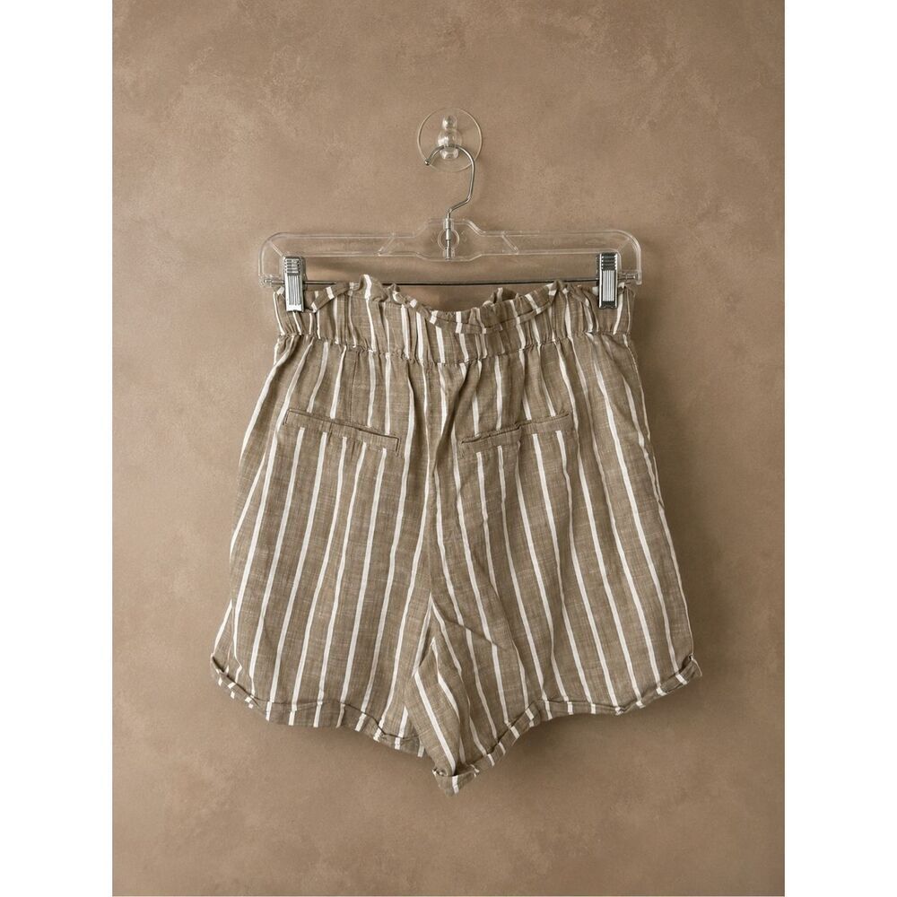 ICHI Sz M Striped Paperbag Shorts Beige White Linen Look Coastal Anthropologie - Picture 6 of 10